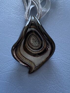 Blown Glass Teardrop Pendant Necklace Handcrafted Black Gold Silver Swirl